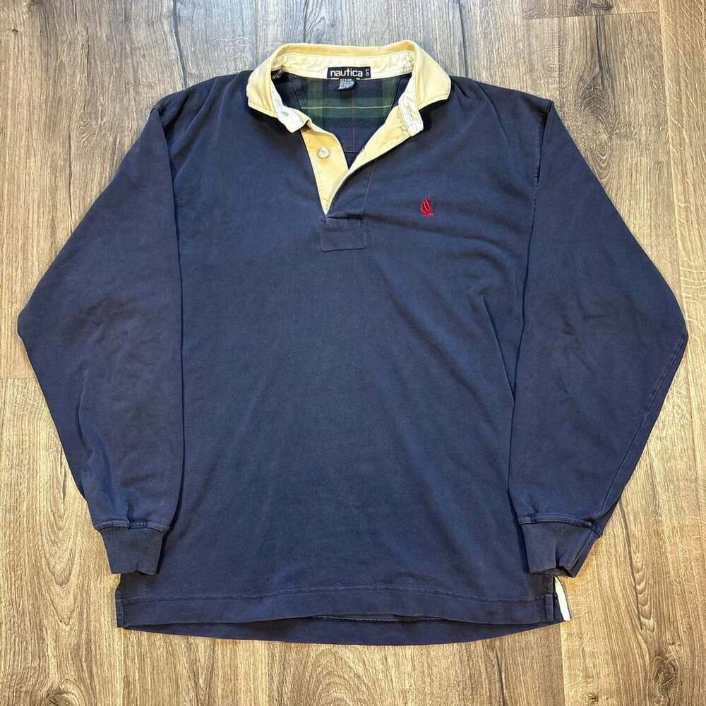Vintage Nautica Long Sleeve Rugby Shirt Navy Blue Size L